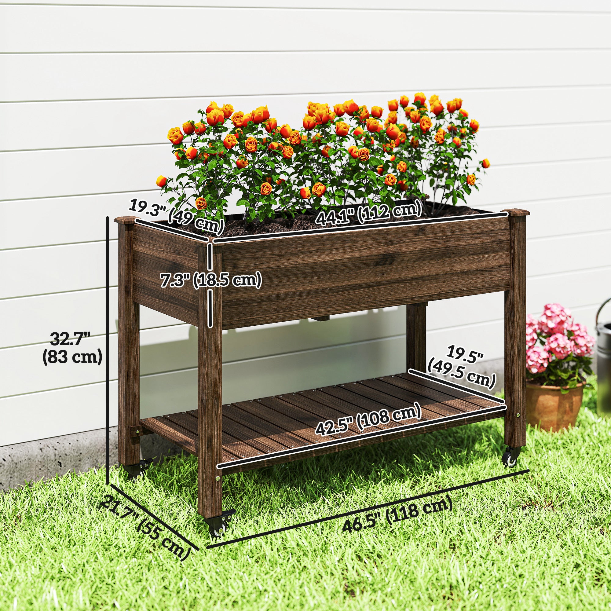 Mobile Raised Garden Bed Elevated Wood Planter Box with Lockable Wheels, Storage Shelf for Herbs Vegetables, Carbonized