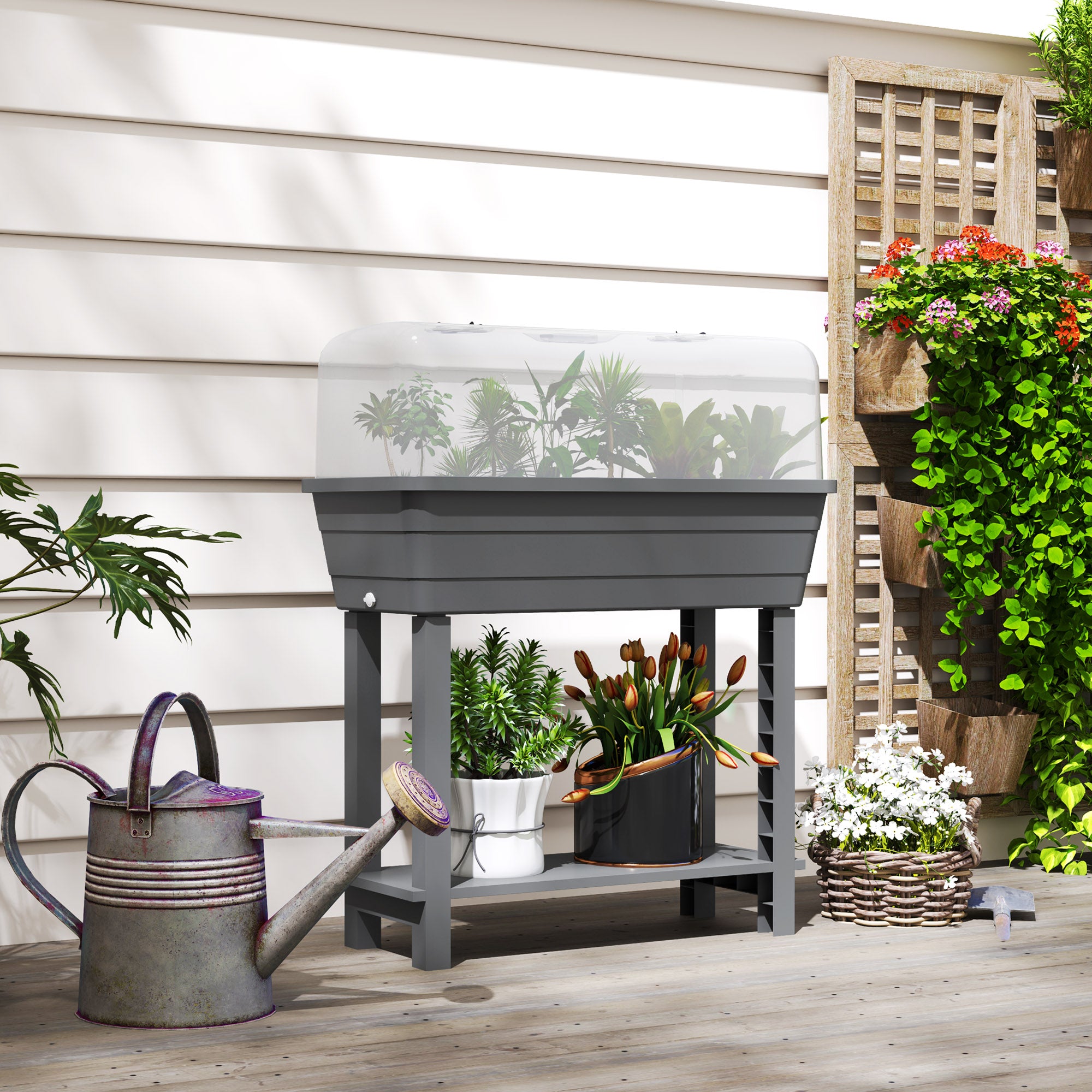 41L Self Watering Raised Garden Bed w/ Ventilation Transparent Lid Greenhouse, Planter Box w/ Storage Shelf, Dark Grey
