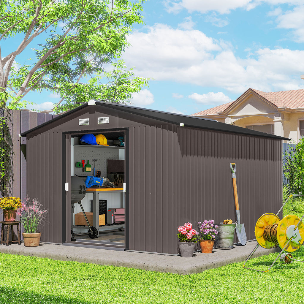 9' x 10.6' Garden Storage Shed w/ Foundation Kit Metal Tool Storage House w/ Double Doors Brown