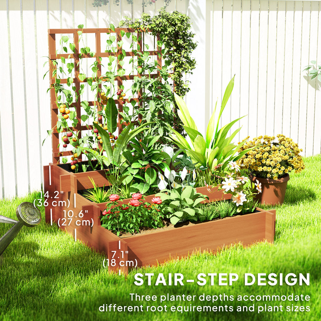 Wooden Elevated Planter Box with Trellis for Climbing Plants, 3 Tier Raised Garden Bed for Garden, Outdoor, Brown