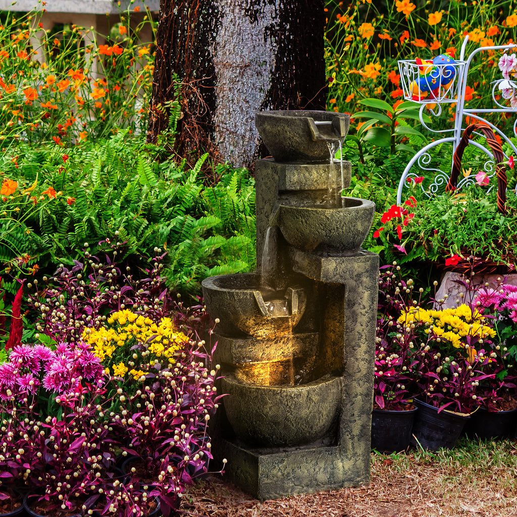 Outdoor Fountain Cascading Waterfall with 4-Tier Stone Look Bowls, Adjustable Flow & LED Lights for Patio Garden