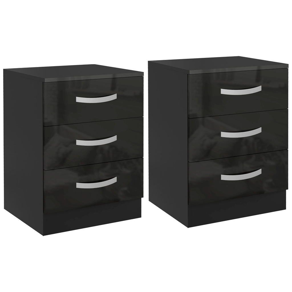 Bedside Table Set of 2, Modern Nightstand with Drawers and High Gloss Fronts, Night Table for Bedroom, Black