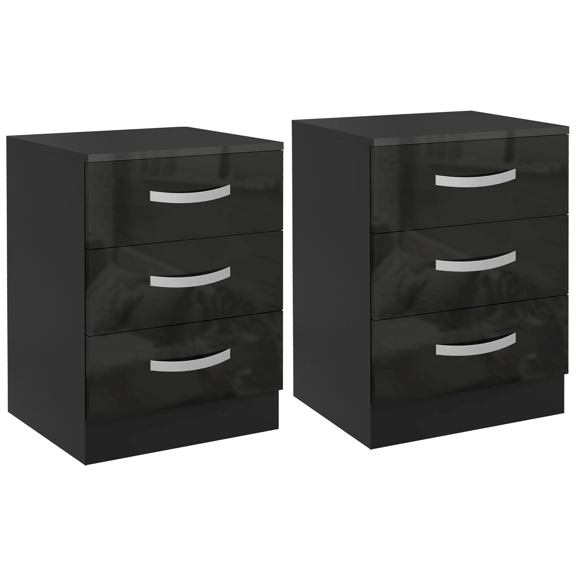 Bedside Table Set of 2, Modern Nightstand with Drawers and High Gloss Fronts, Night Table for Bedroom, Black