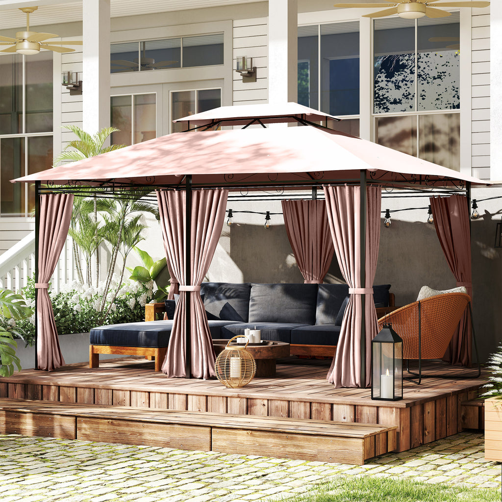 10' x 13' Patio Gazebo, Outdoor 2-Tiers Garden Canopy Yard Sunshade Shelter with Curtains, Khaki