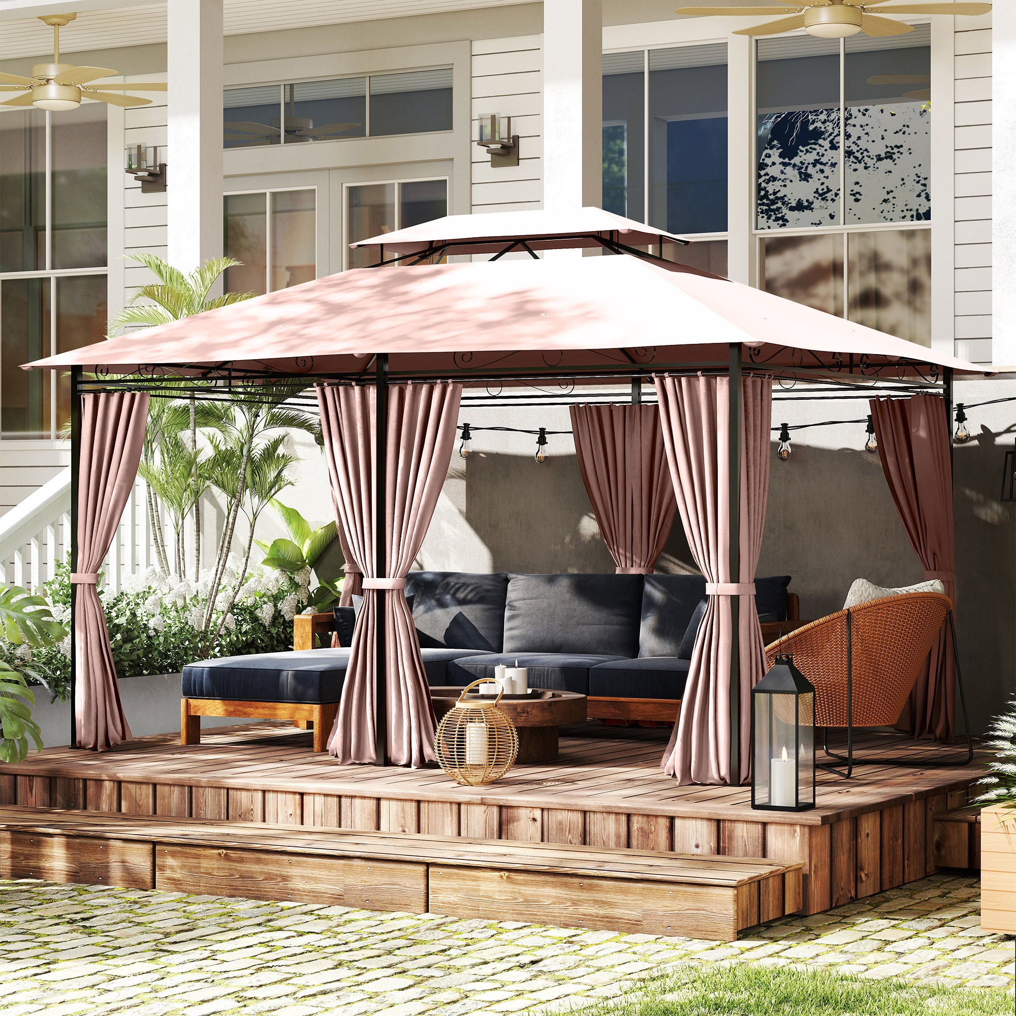 10' x 13' Patio Gazebo, Outdoor 2-Tiers Garden Canopy Yard Sunshade Shelter with Curtains, Khaki