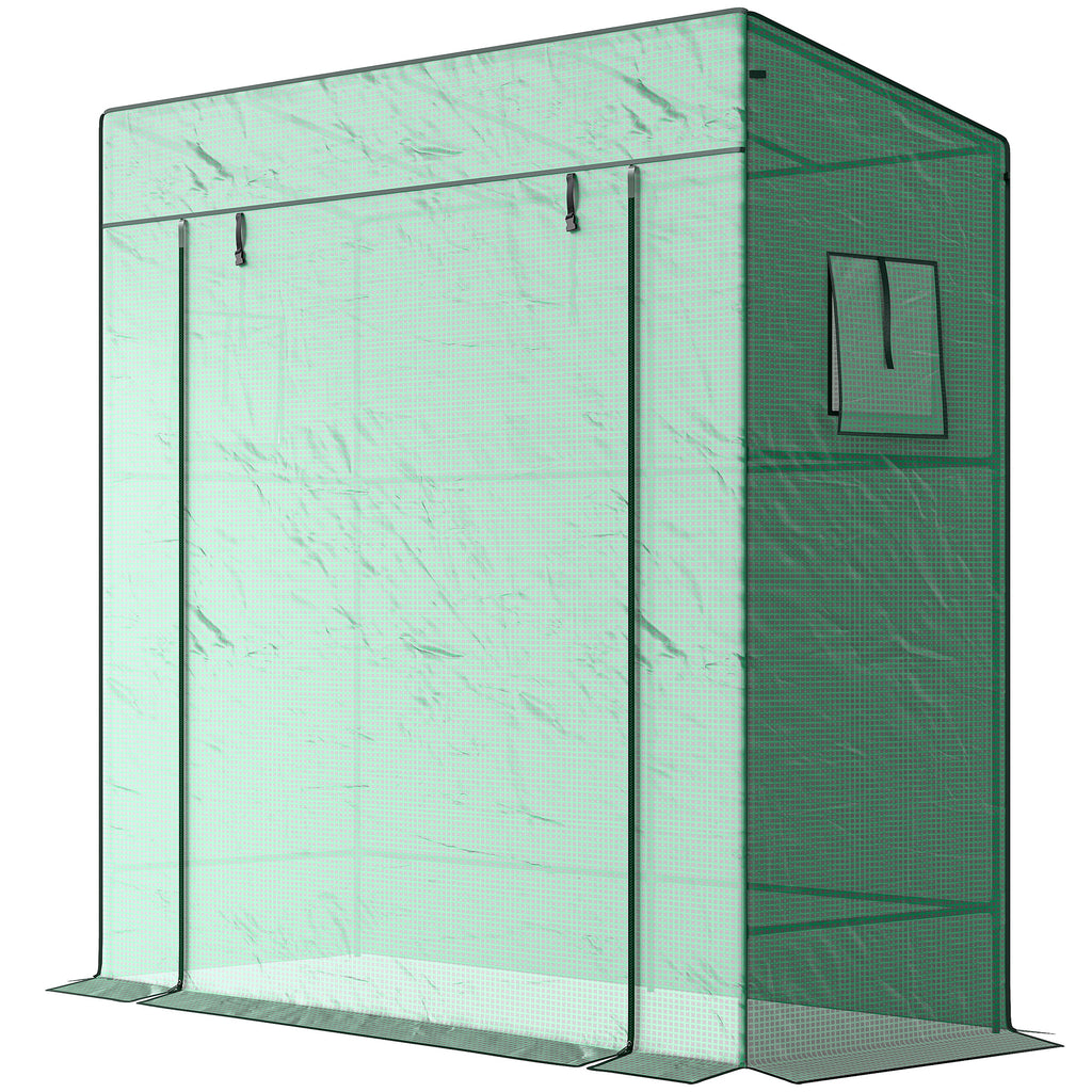 Walk-in Tomato Greenhouse Lean-to Green House with Reinforced PE Cover, Roll-up Door, Mesh Windows, Green