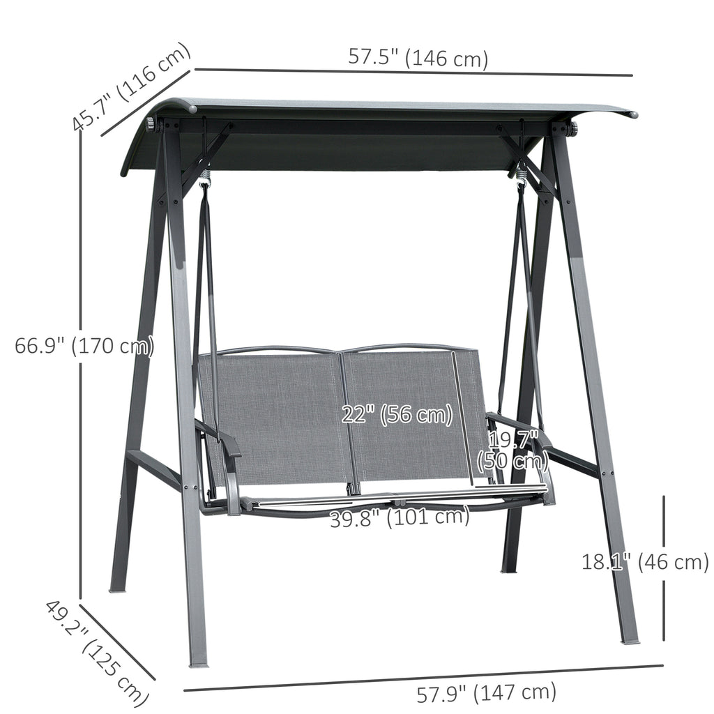 2-Seat Outdoor Porch Swing Patio Swing with Adjustable Canopy, Removable Seat and and Steel Frame for Garden, Poolside