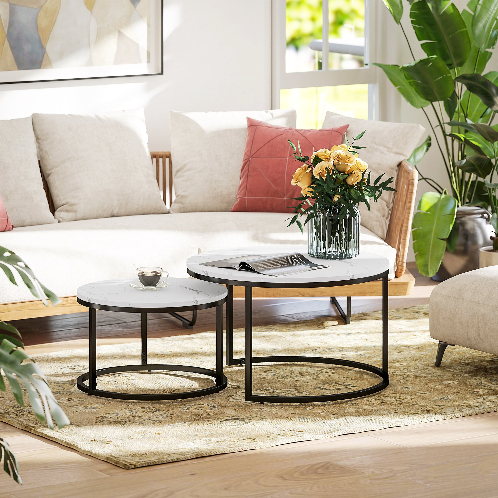 Modern Coffee Table Set of 2, Nesting Side Tables w/ Metal Base for Living Room Bedroom Office Faux Marbled White