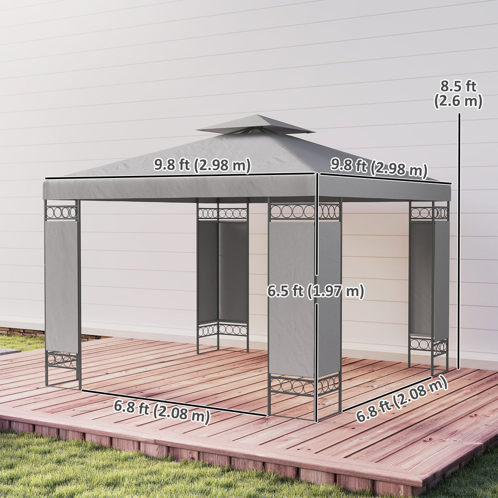 10' x 10' Canopy Gazebo, Double Roof Patio Gazebo with Screen Panels and Metal Frame for Deck, Backyard, Light Grey