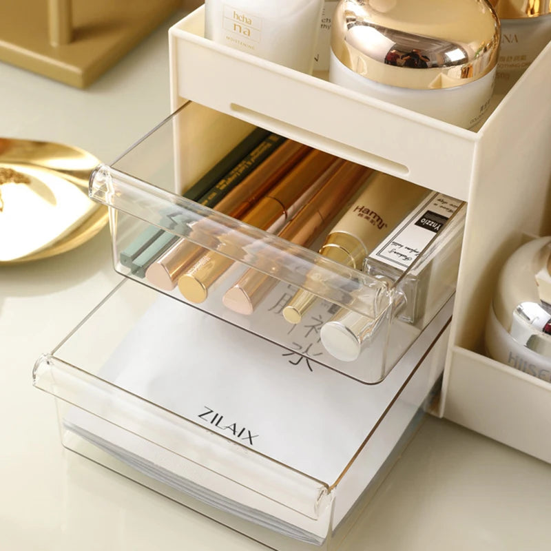 Cosmetic Organizer Desktop Storage Box – Makeup Organizer with Drawers & Display Shelf
