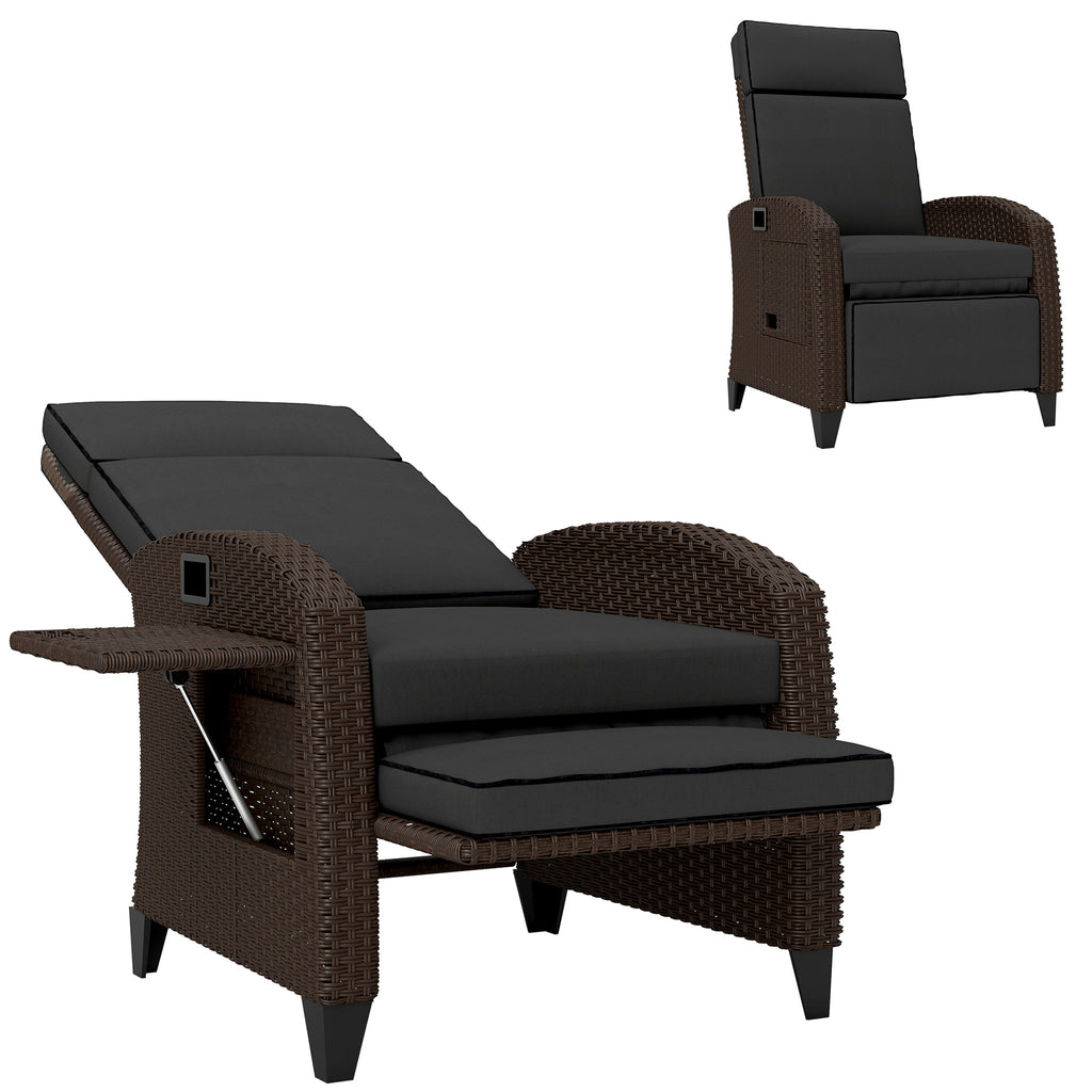 Outdoor Recliner Chair with Adjustable Backrest, Cushion, Side Tray, Black