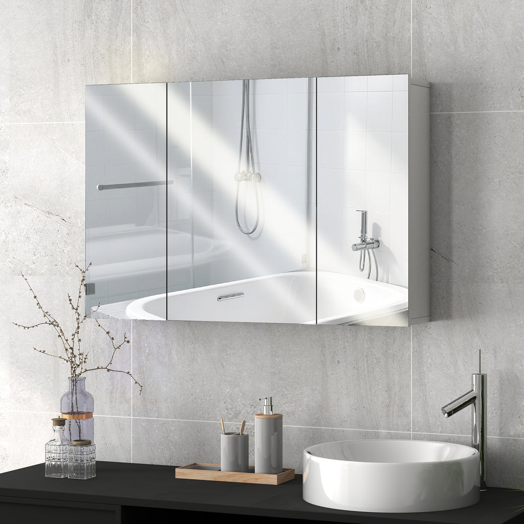 35" x 24" Wall Mounted Mirror Cabinet, Bathroom Medicine Cabinet with Mirror, 3 Doors and Adjustable Shelves, White