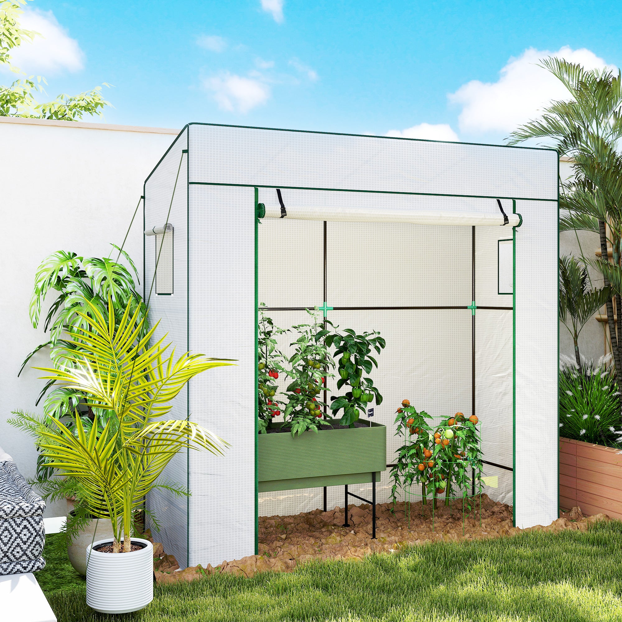 Walk-in Tomato Greenhouse Lean-to Green House with Reinforced PE Cover, Roll-up Door, Mesh Windows, White