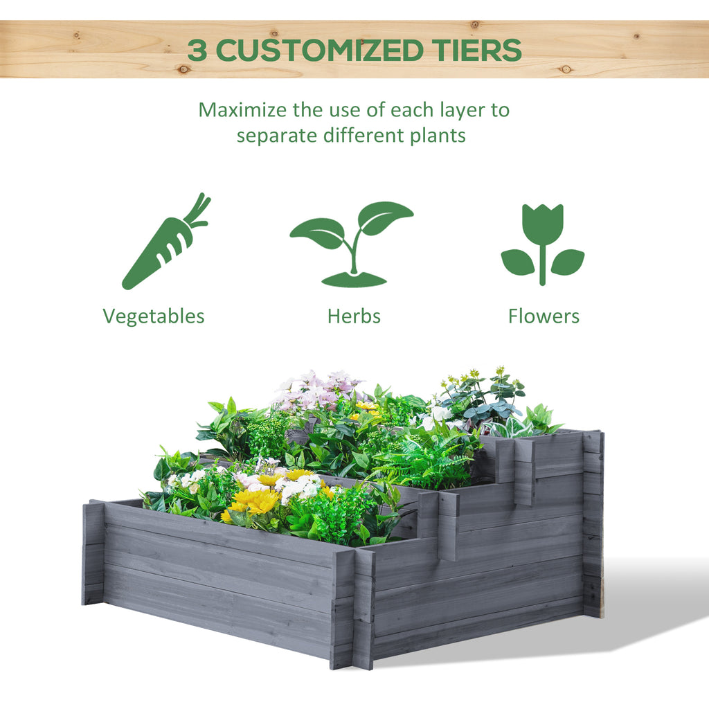 3-Tier Wood Raised Garden Bed, Elevated Planting Box, Outdoor Vegetable Flower Container, Herb Garden Indoor Kit, Gray