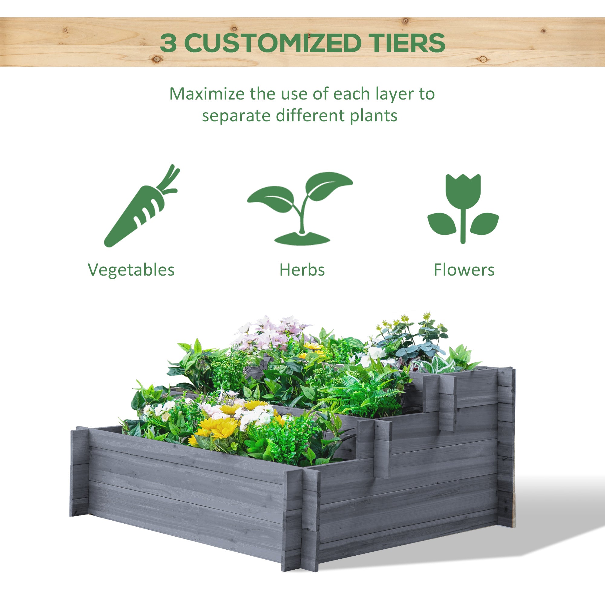 3-Tier Wood Raised Garden Bed, Elevated Planting Box, Outdoor Vegetable Flower Container, Herb Garden Indoor Kit, Gray