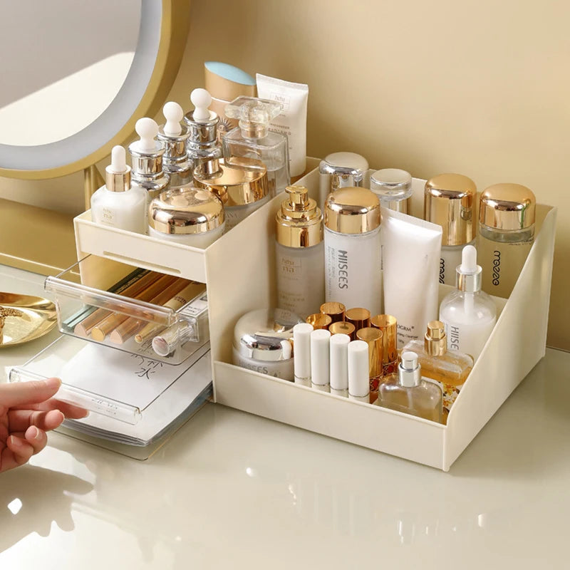 Cosmetic Organizer Desktop Storage Box – Makeup Organizer with Drawers & Display Shelf