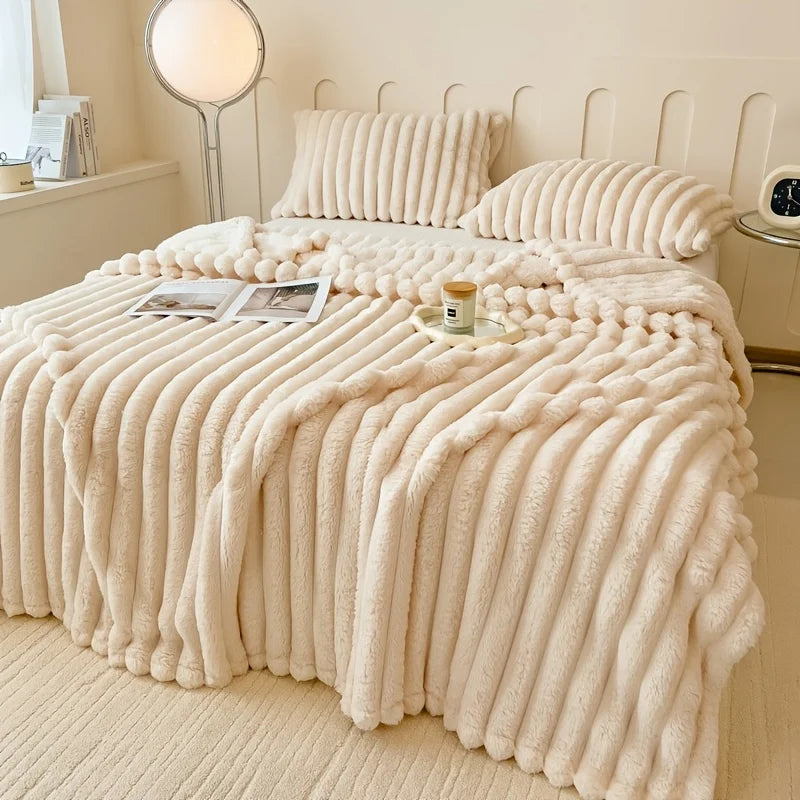 Solid Thickened Wide Stripe Flannel Blanket – Soft Multi-Purpose Bed & Sofa Throw