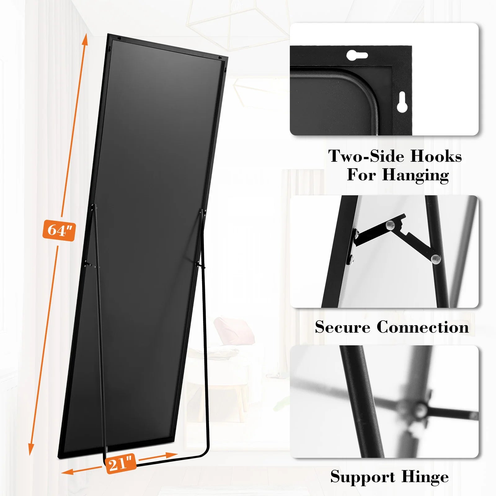JHK 64" × 21" Full Body Mirror – Large Aluminum Alloy Framed Standing, Hanging & Leaning Mirror
