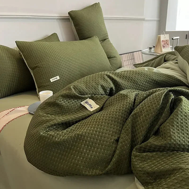 Luxury Cotton Waffle Bedding Set – 4-Piece Olive Green Quilt Cover & Bed Sheet Set