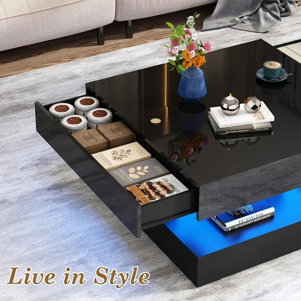 33.9 LED Coffee Table with Storage, Modern High Glossy Living Room Table w/2 Drawers, Double-Layer Design Large Square Center