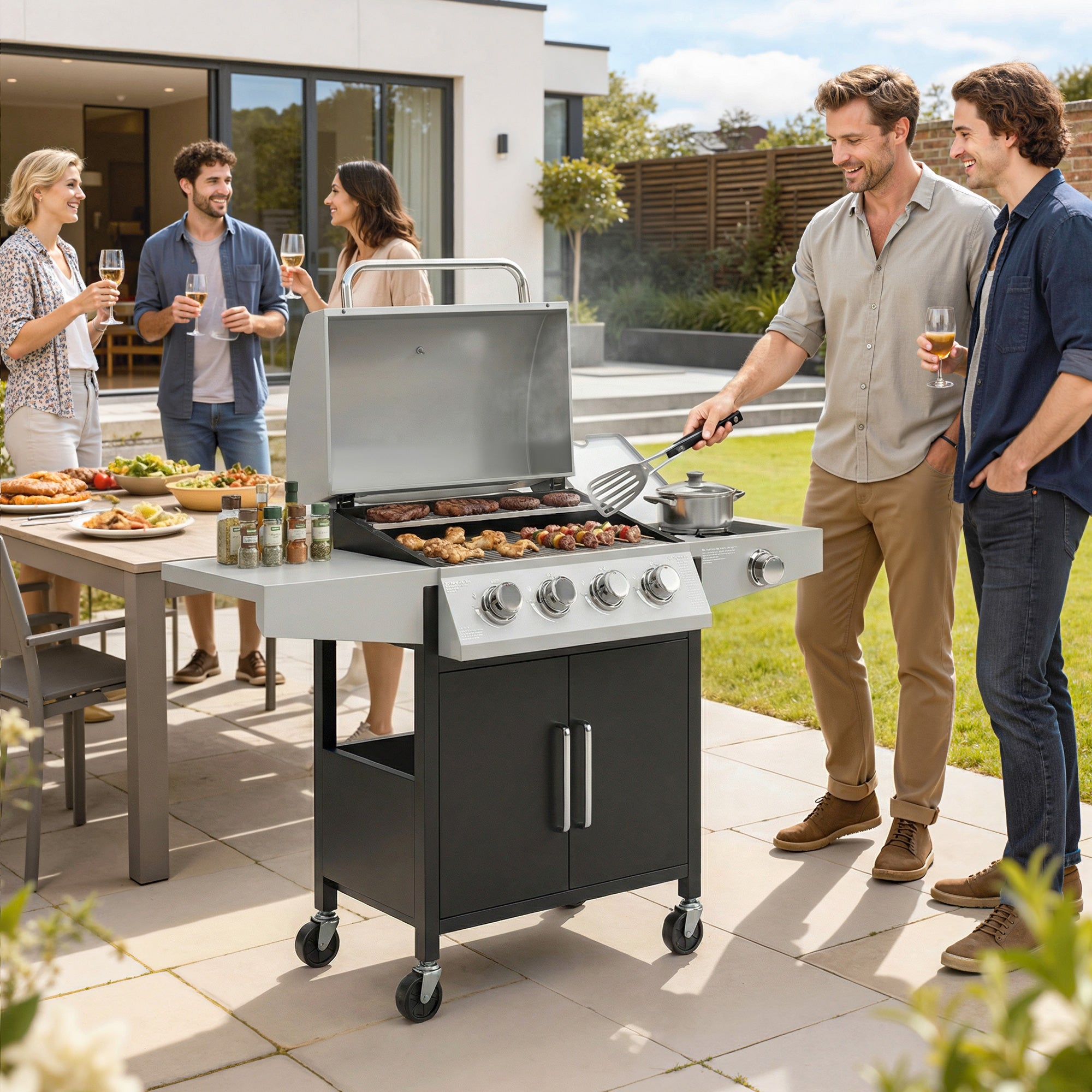 4+1 Burner Liquid Propane Gas Grill, Outdoor Portable BBQ Grill with Side Burner, Warming Rack, Side Shelf