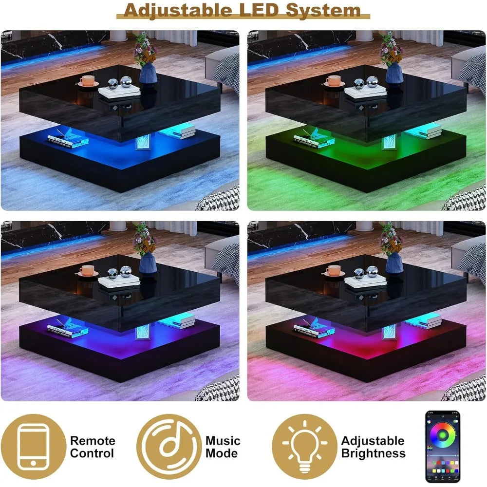 33.9 LED Coffee Table with Storage, Modern High Glossy Living Room Table w/2 Drawers, Double-Layer Design Large Square Center