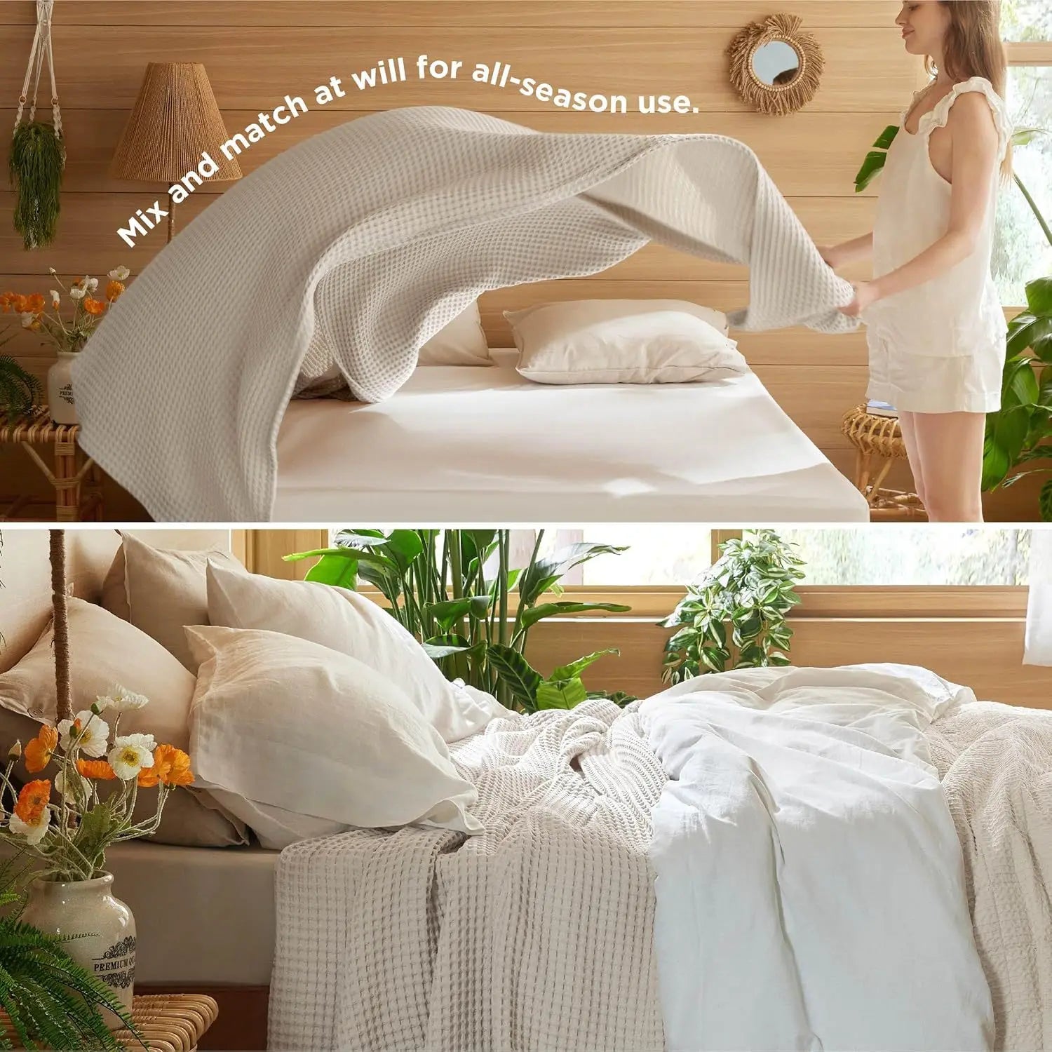 Cotton Waffle Weave Blanket – Ultra Soft Lightweight Breathable King Blanket for Spring & Summer