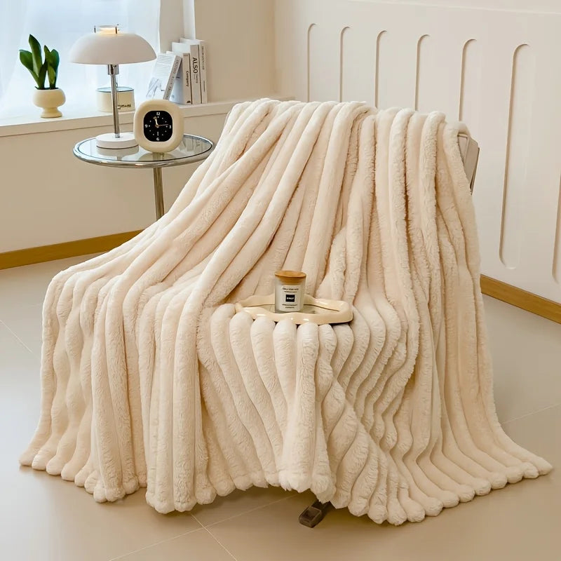 Solid Thickened Wide Stripe Flannel Blanket – Soft Multi-Purpose Bed & Sofa Throw