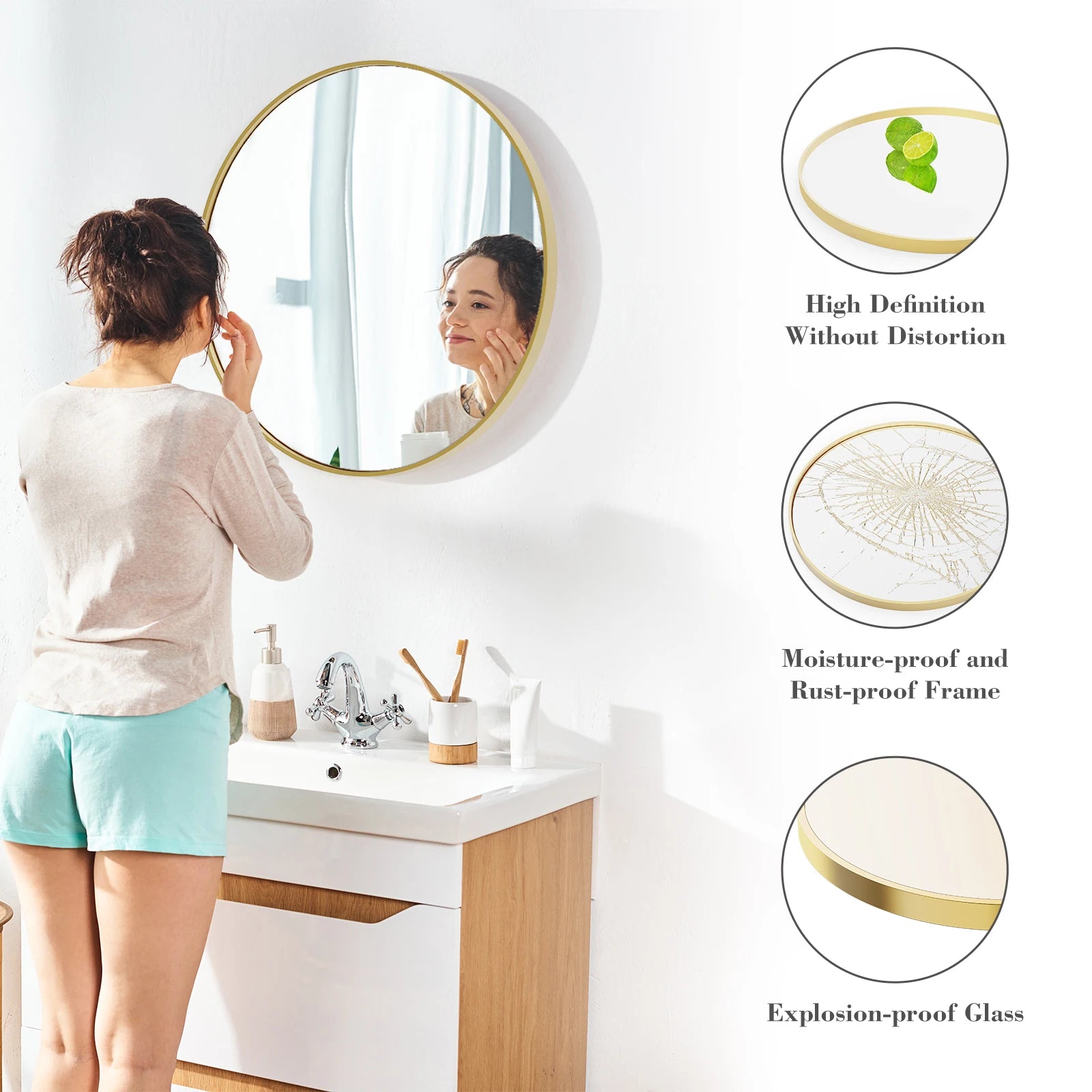Large Gold Round Vanity Mirror – 30 Inch Modern Matte Metal Framed Wall Mirror