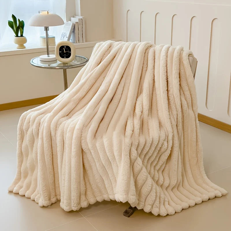 Solid Thickened Wide Stripe Flannel Blanket – Soft Multi-Purpose Bed & Sofa Throw