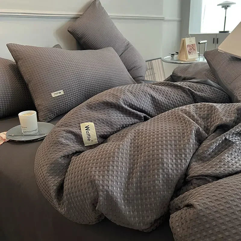 Luxury Cotton Waffle Bedding Set – 4-Piece Olive Green Quilt Cover & Bed Sheet Set