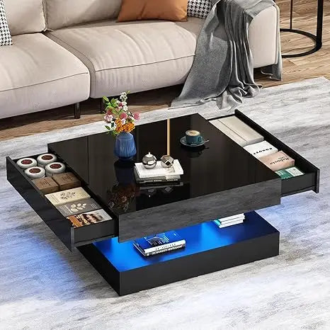 33.9 LED Coffee Table with Storage, Modern High Glossy Living Room Table w/2 Drawers, Double-Layer Design Large Square Center