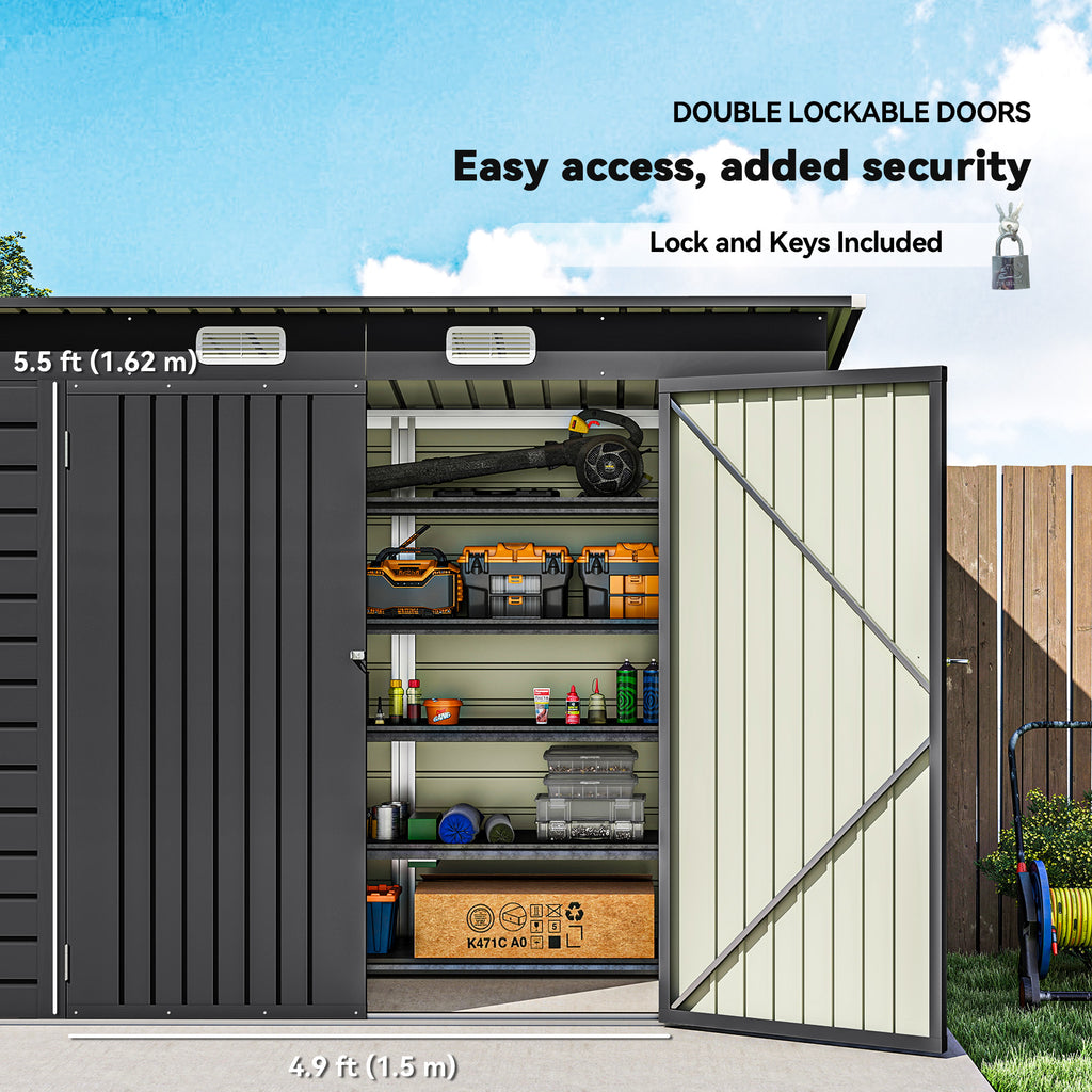 8 x 4FT Galvanized Garden Storage Shed, Metal Outdoor Shed with Double Doors and 2 Vents, Grey