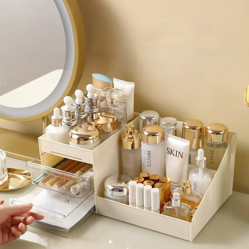 Cosmetic Organizer Desktop Storage Box – Makeup Organizer with Drawers & Display Shelf