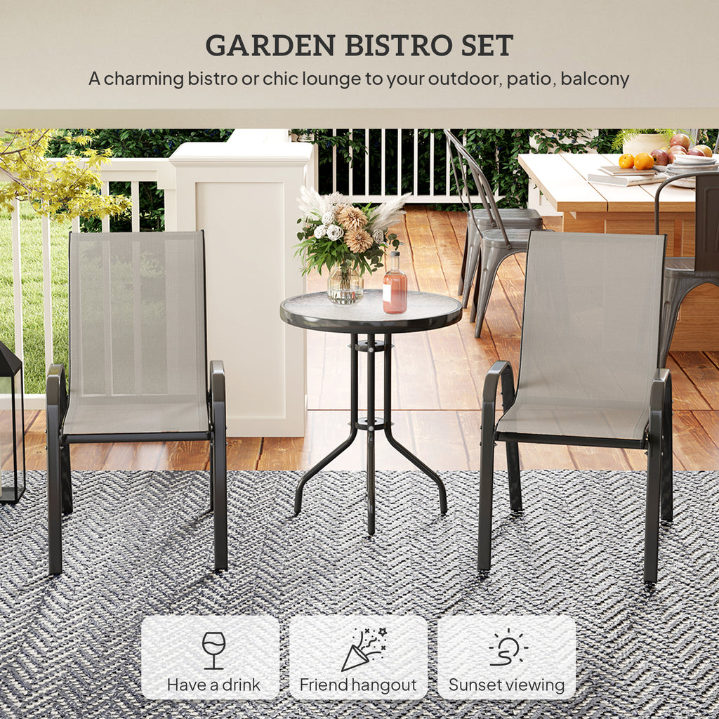 3 Pieces Bistro Set, Small Patio Furniture Set with Stackable Mesh Chairs, Glass Table for Garden, Balcony, Light Grey