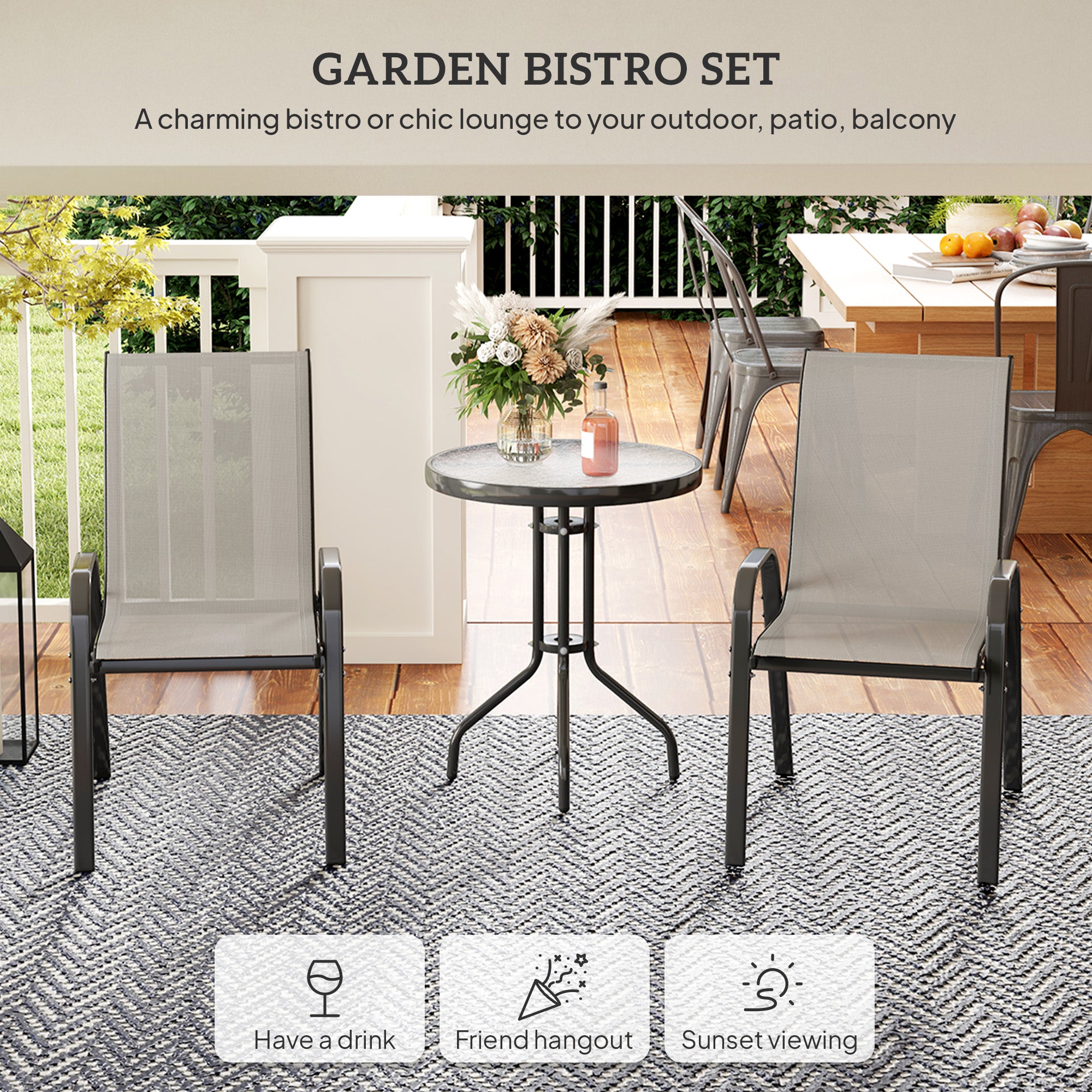 3 Pieces Bistro Set, Small Patio Furniture Set with Stackable Mesh Chairs, Glass Table for Garden, Balcony, Light Grey