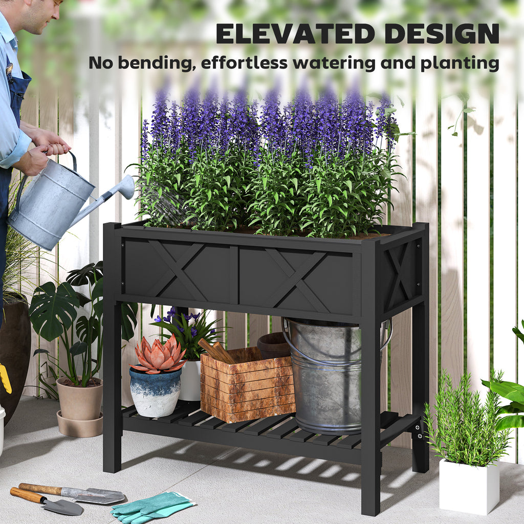 Wooden Raised Garden Bed, Elevated Planter Box with Storage Shelf, Drainage Holes and Liner, 34" x 18" x 30", Black