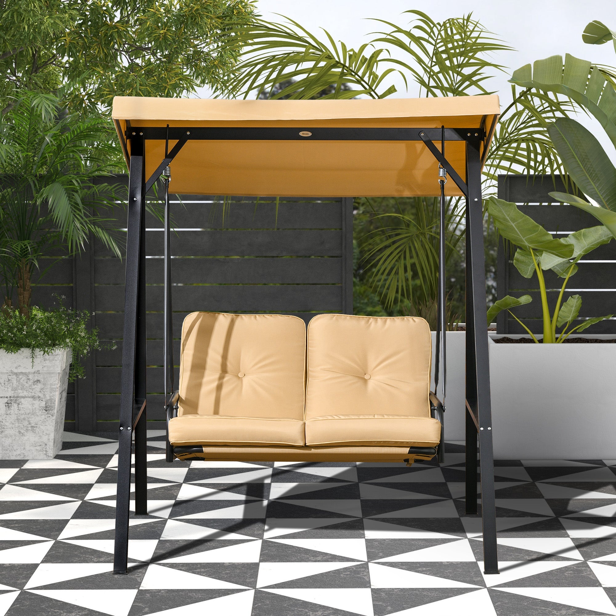 2-Seater Outdoor Porch Swing with Adjustable Canopy, Patio Swing Chair for Garden, Poolside, Backyard, Beige