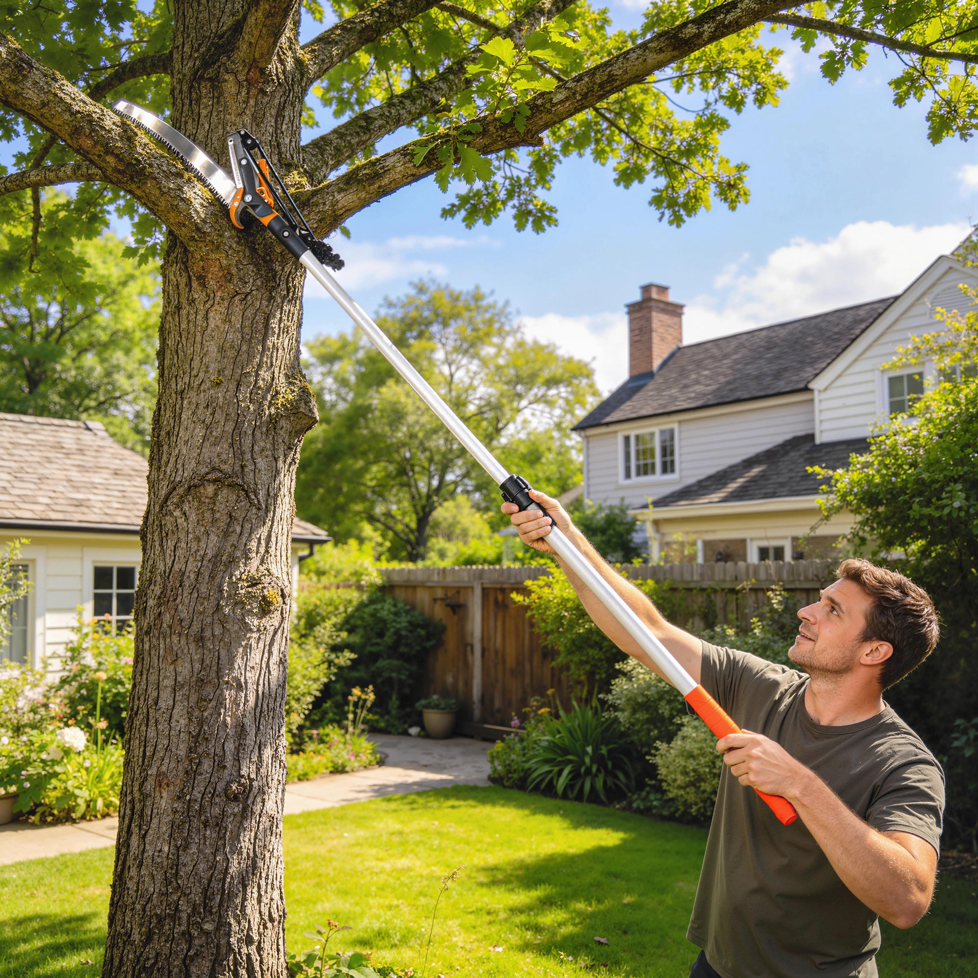 6.5ft 2-In-1 Manual Pole Saw for Tree Trimming, Aluminium Telescopic Long Reach Pole Pruner with Sharp 65Mn Steel Blade