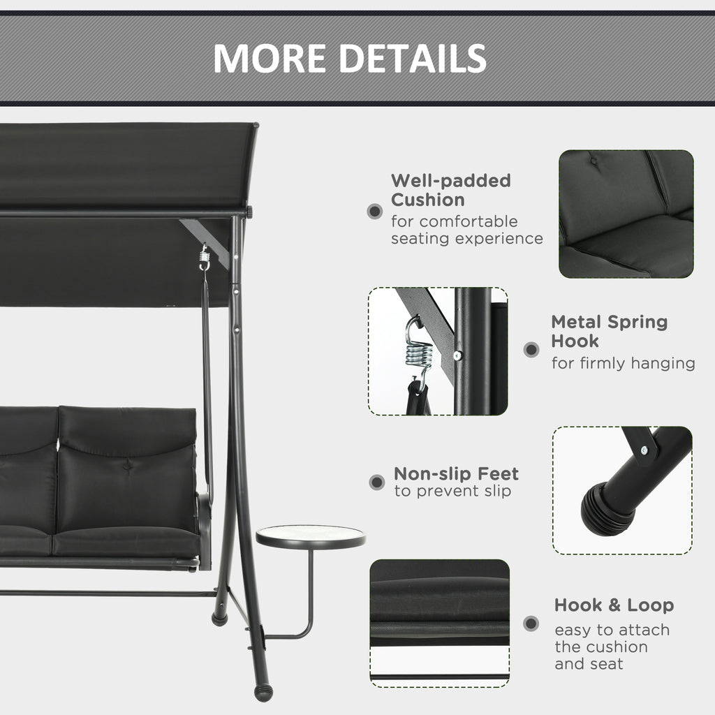 3-Seat Outdoor Swing Chair Steel Swing Bench with Adjustable Canopy & Coffee Tables & Cushion for Patio Garden, Black