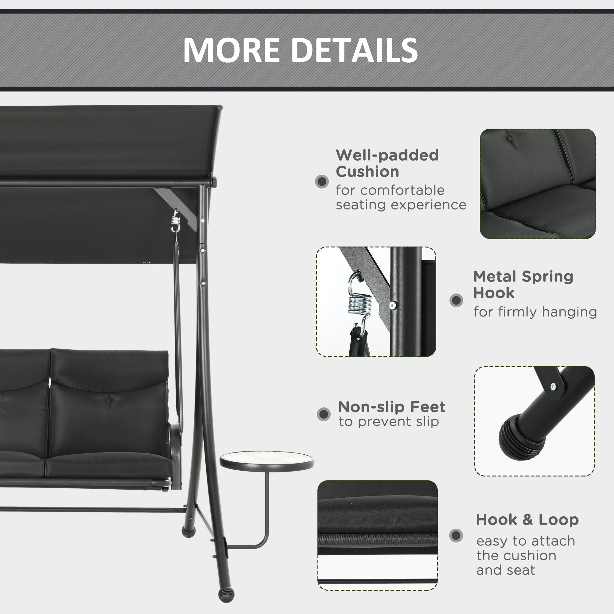 3-Seat Outdoor Swing Chair Steel Swing Bench with Adjustable Canopy & Coffee Tables & Cushion for Patio Garden, Black