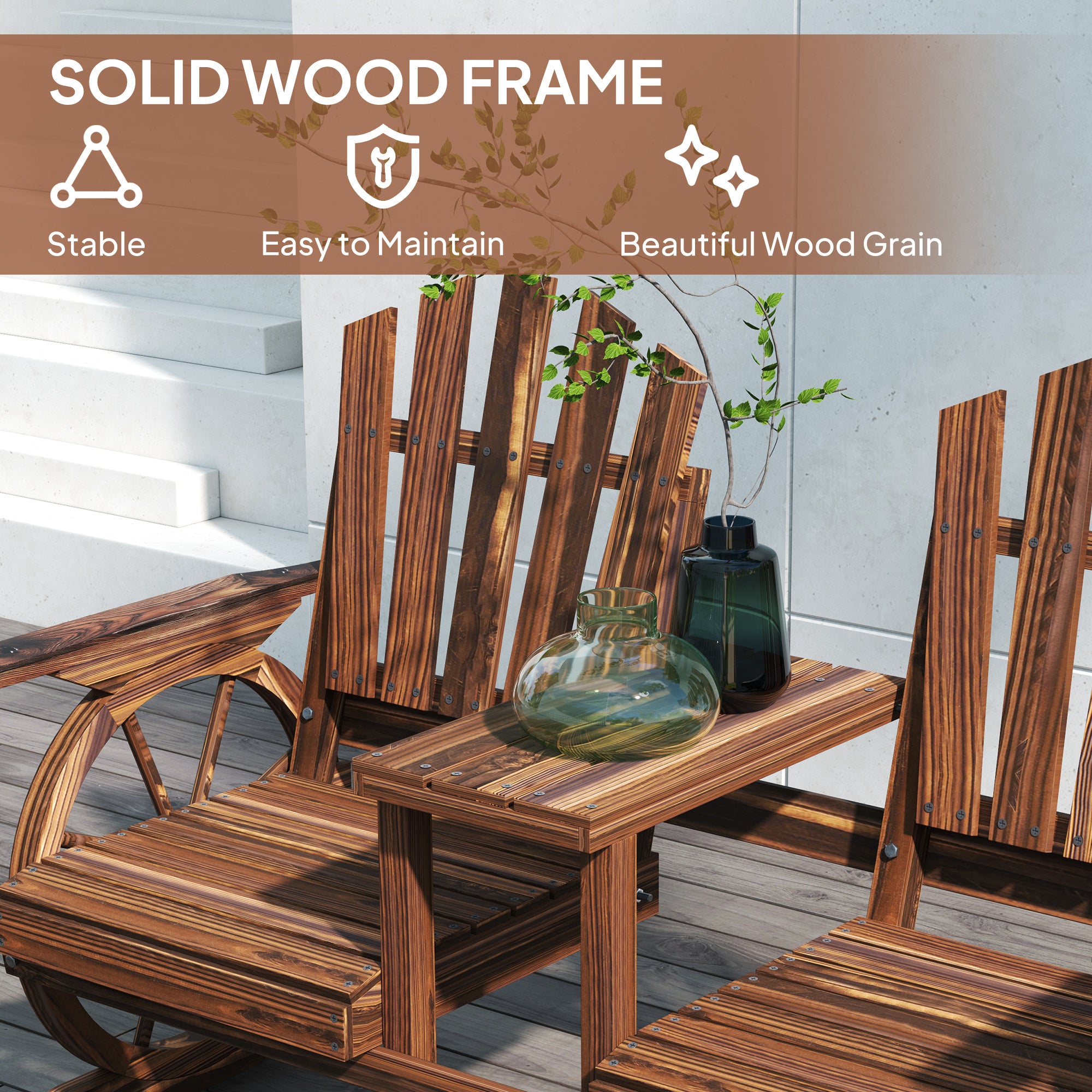 Wooden Outdoor Loveseat, Wagon Wheel Outdoor Bench with Table, Carbonized