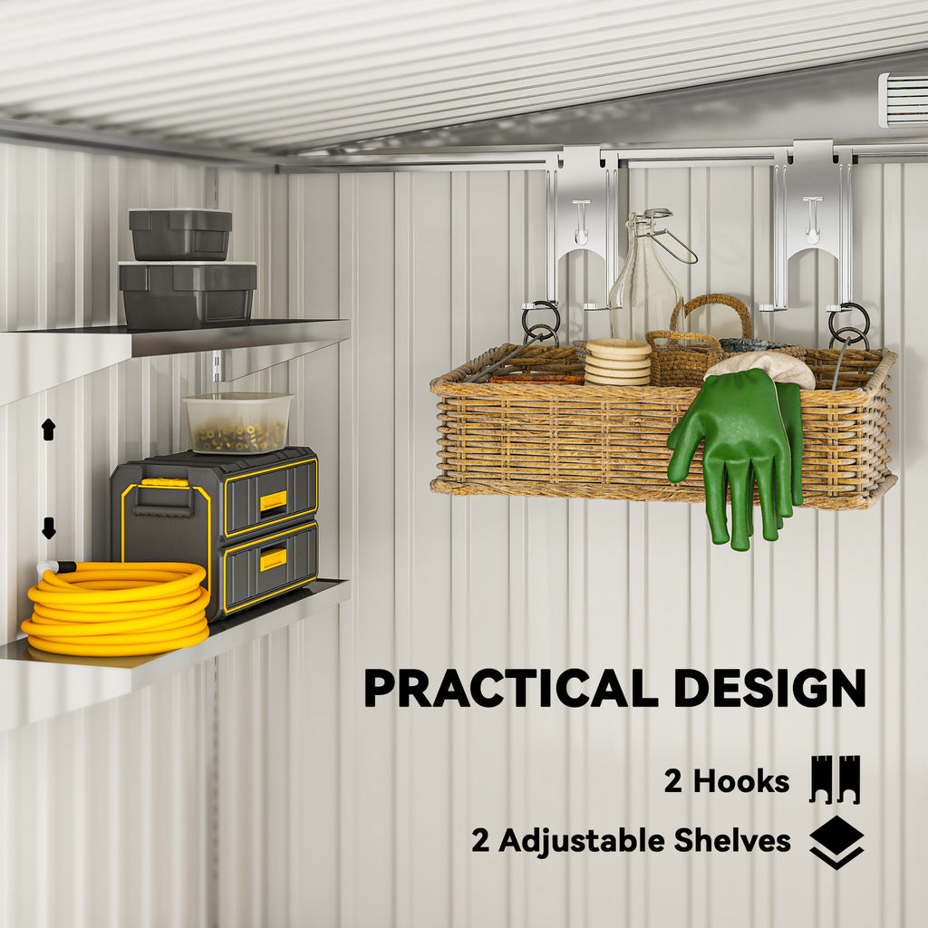5'x7' Lean to Galvanized Metal Shed with Foundation, Garden Tool Storage House w/ Sliding Door and 2 Vents, Light Grey
