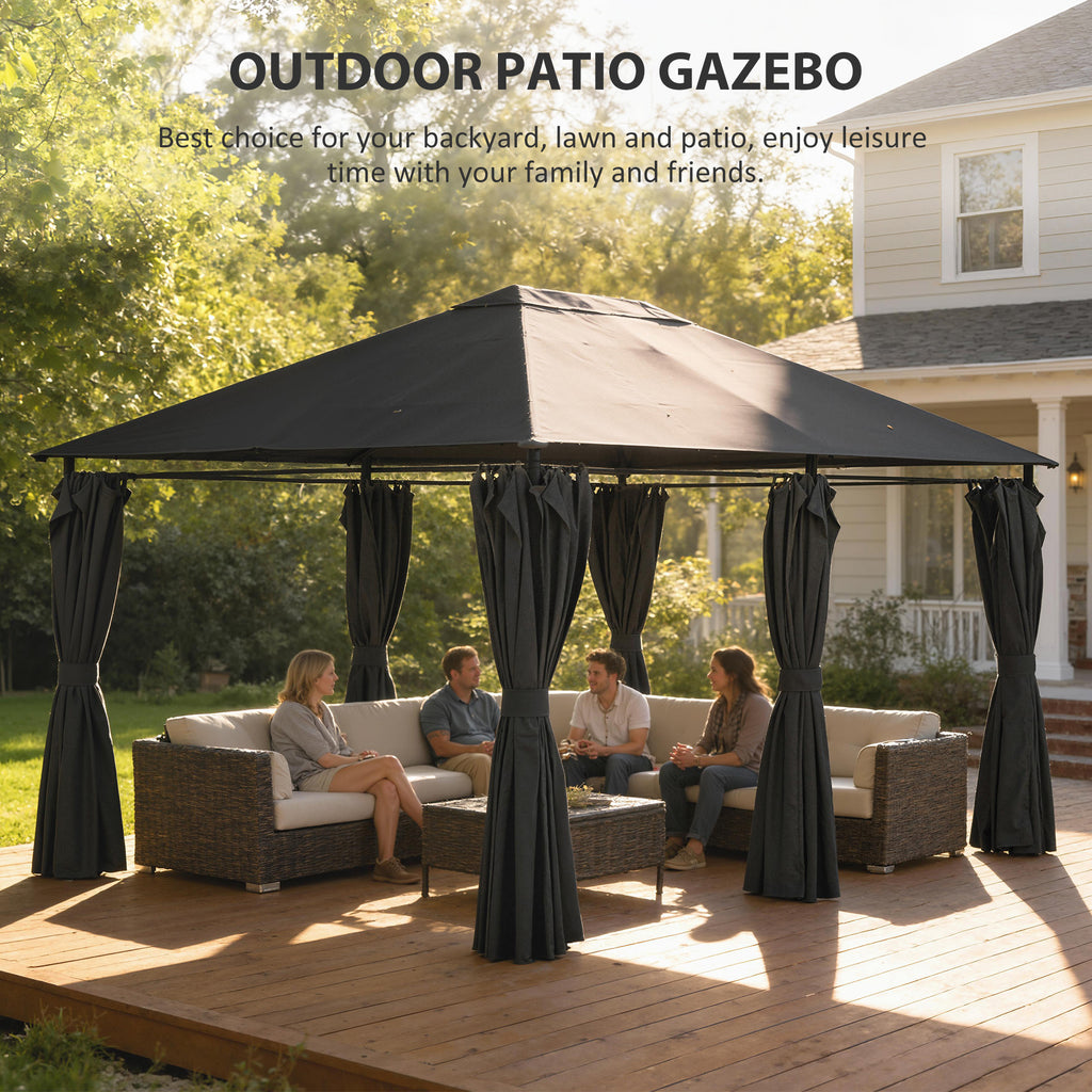 13'x 10' Soft-top Steel Patio Gazebo Canopy Party Tent with 6 Removable Curtains and Drainage Holes, Dark Grey