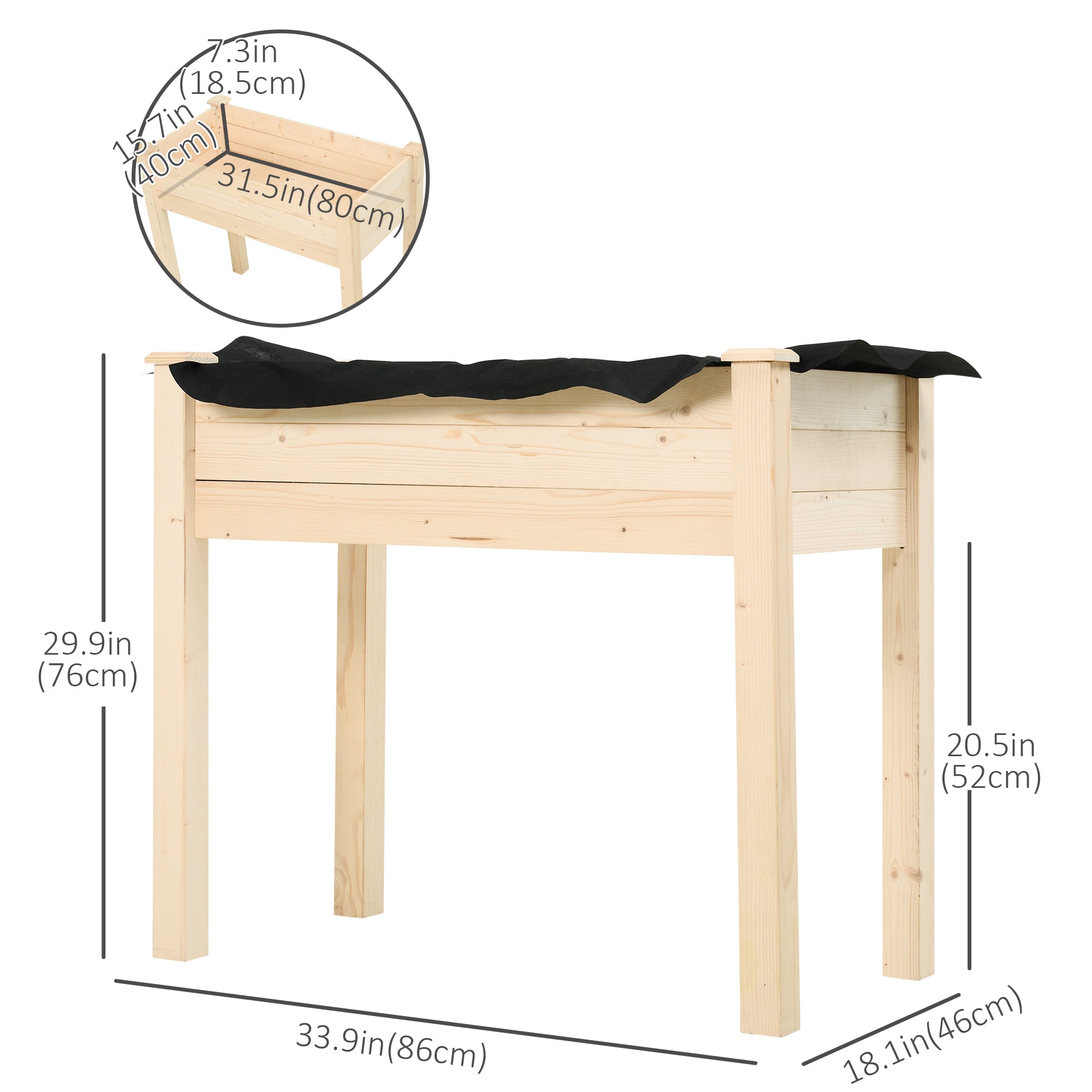 34"x18"x30" Wooden Raised Garden Bed, Elevated Planter Box with Legs, Drainage Holes, Inner Bag for Garden, Natural