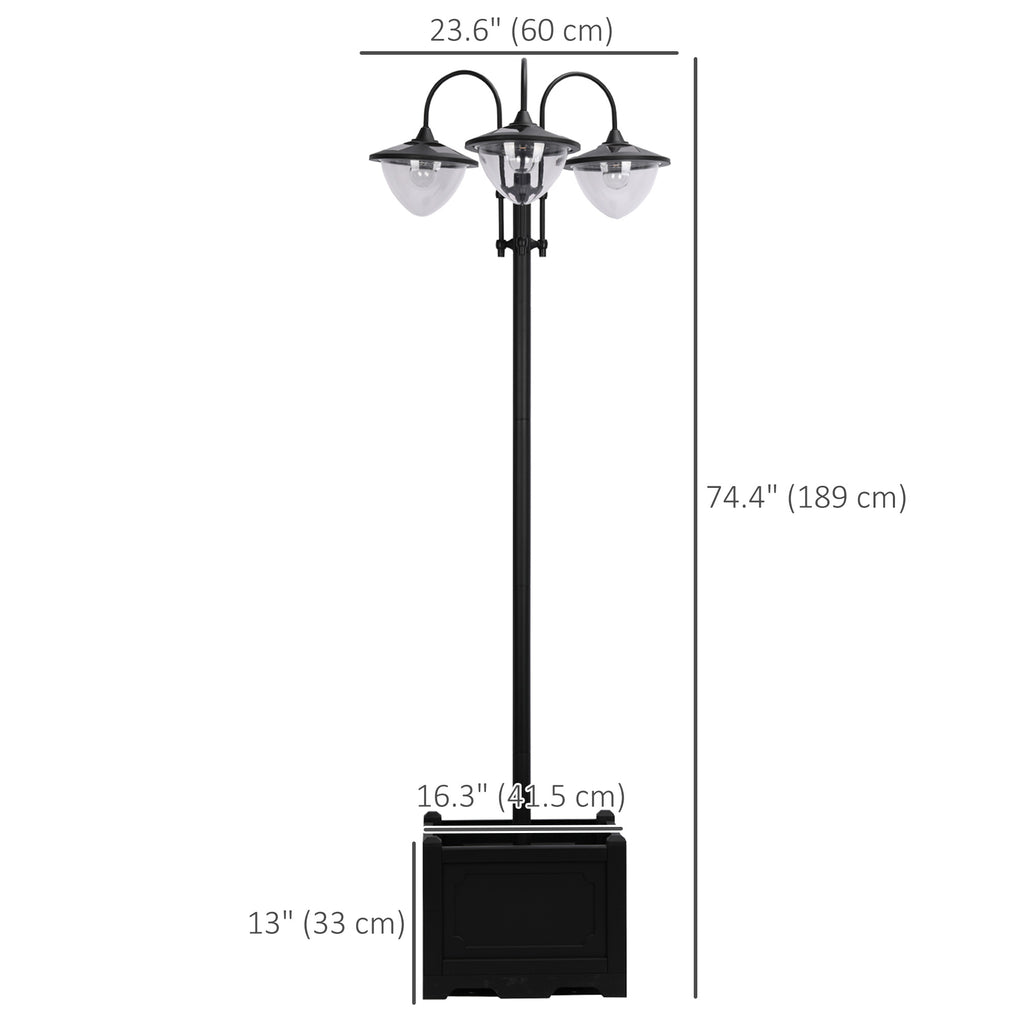 3-head LED Solar Light Lamp Street Light Post with Planter, Solar-powered Lamp Post, Black
