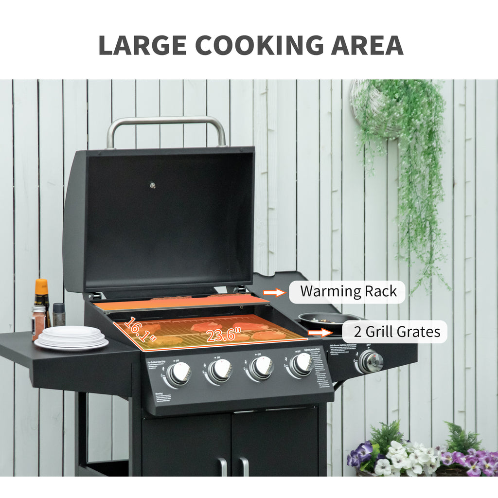 4+1 Burner Liquid Propane Gas Grill Outdoor Cabinet Style BBQ Trolley w/ Side Burner, Warming Rack, Side Shelf, Storage Cabinet, Thermometer, 4 Wheels, Carbon Steel, Black