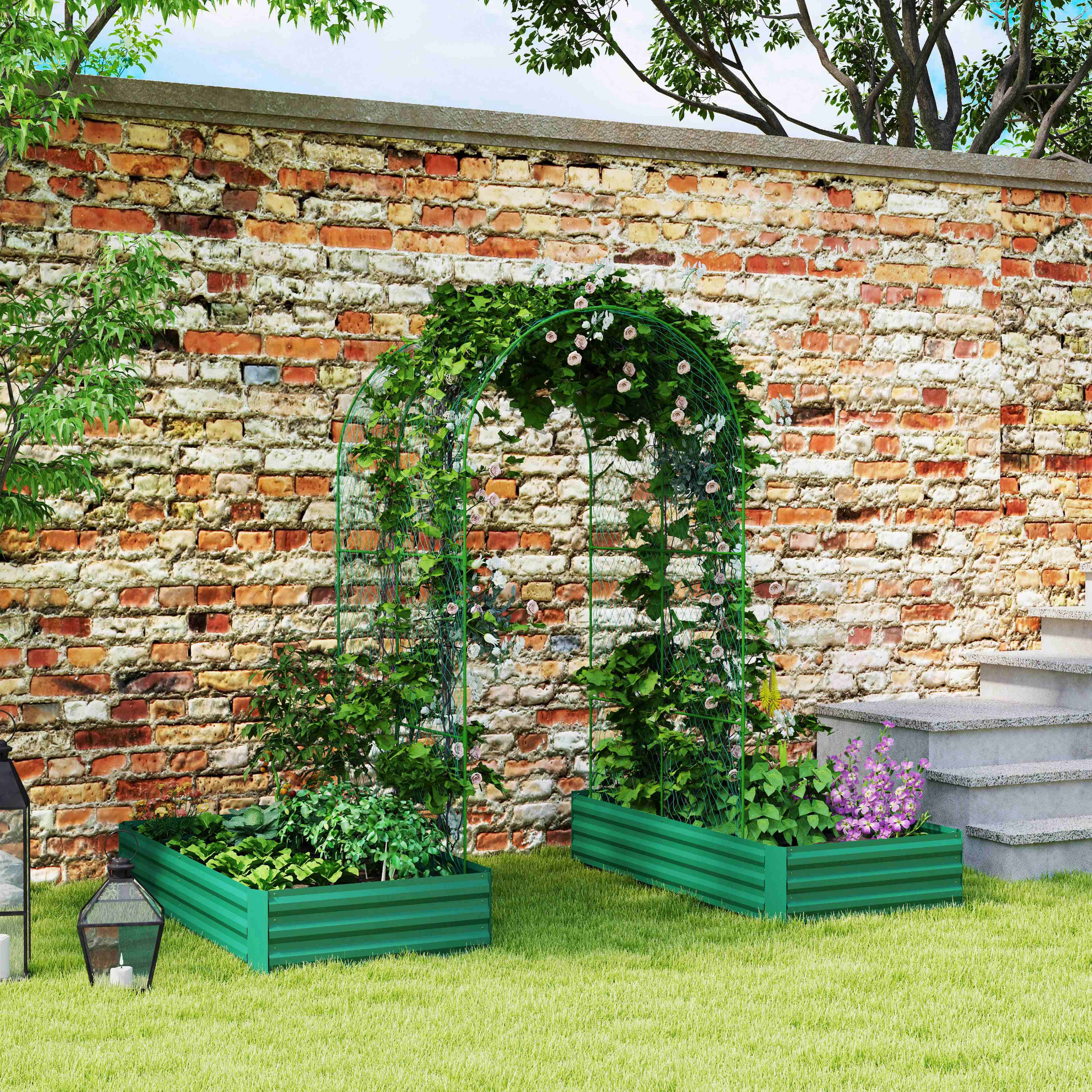 Metal Raised Garden Bed with Trellis for Climbing Plants, Galvanized Garden Bed Kit Outdoor Garden Box with Trellis