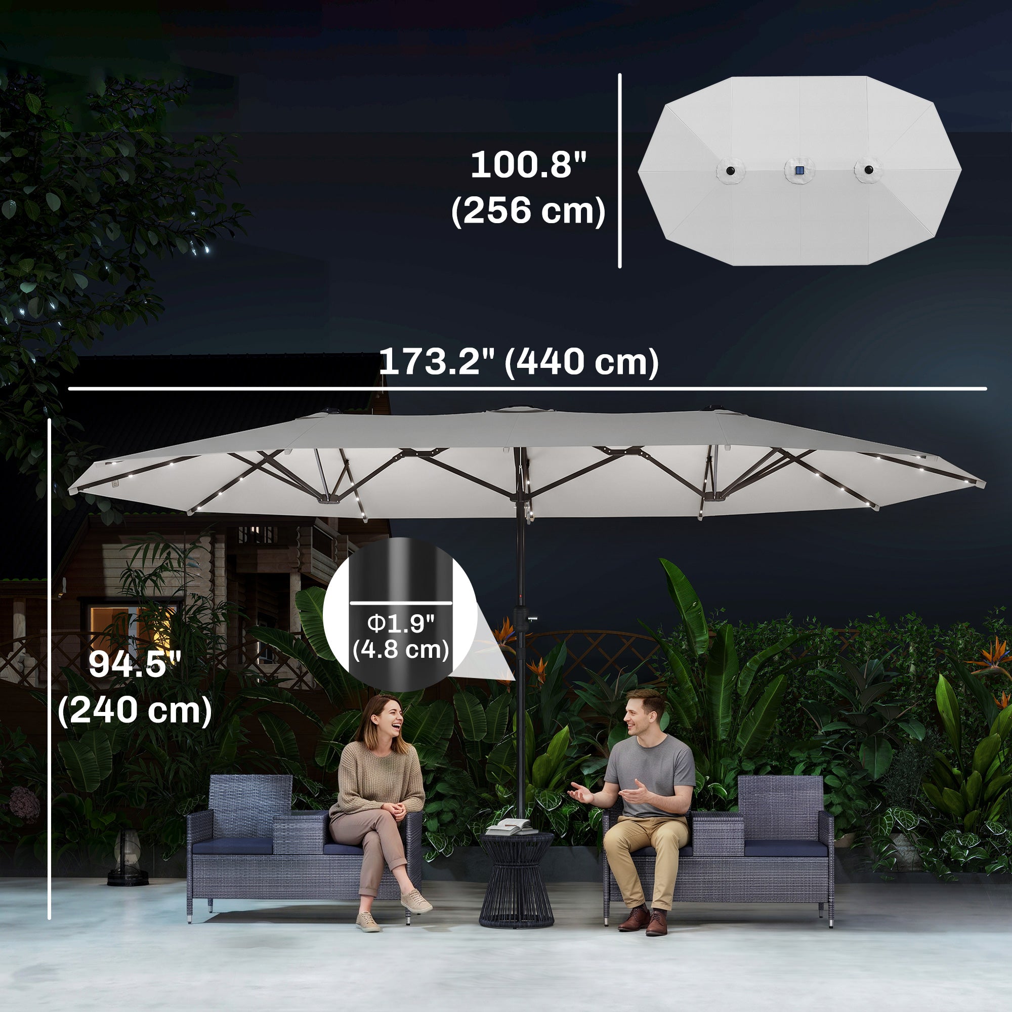 173" Double-Sided Sun Umbrella Garden Parasol Patio Sun Shade Outdoor with LED Solar Light, Cream White