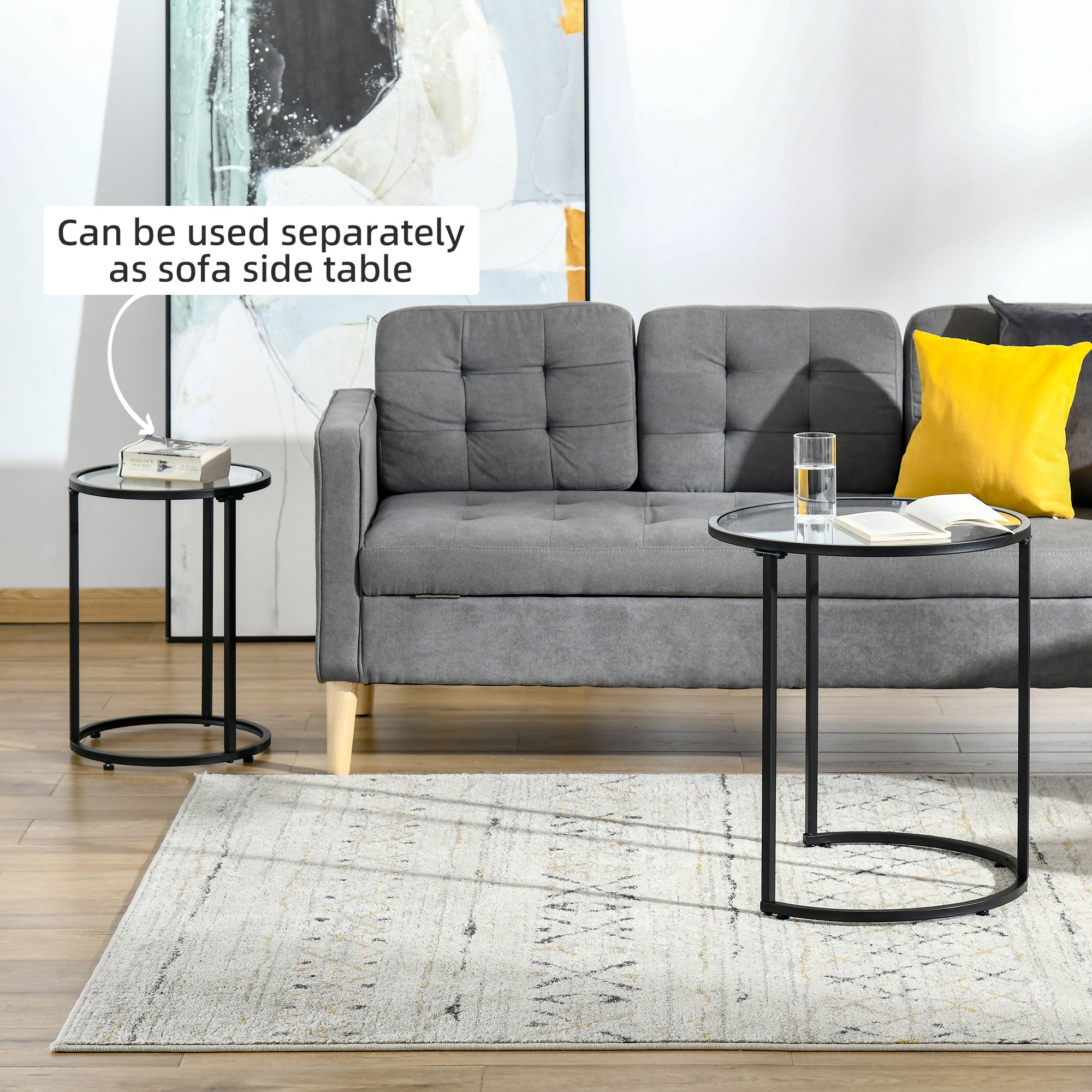 Set of 2 Nesting Coffee Tables with Metal Base, Round Side Table with Tempered Glass Tabletop for Living Room, Bedroom, Black